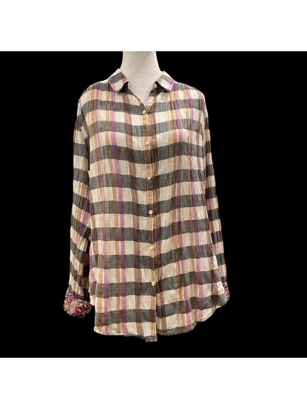 Anthropologie Isabella Sinclair M checkered top with lace back contrast cuff